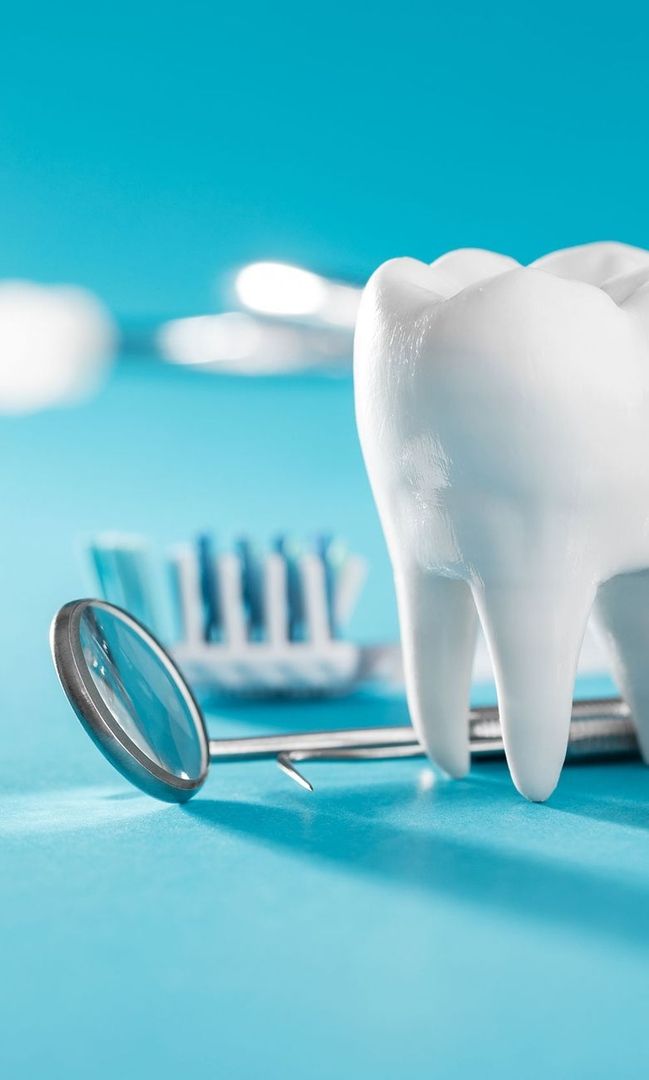 Modell eines weißen Zahns vor einer Zahnbürste und einem Dentalspiegel auf blauem Hintergrund.