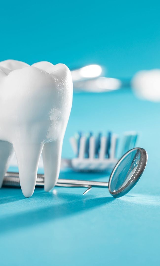 Zahnmodell mit Spiegel und Zahnbürste auf türkisfarbenem Hintergrund, symbolisiert Zahnpflege